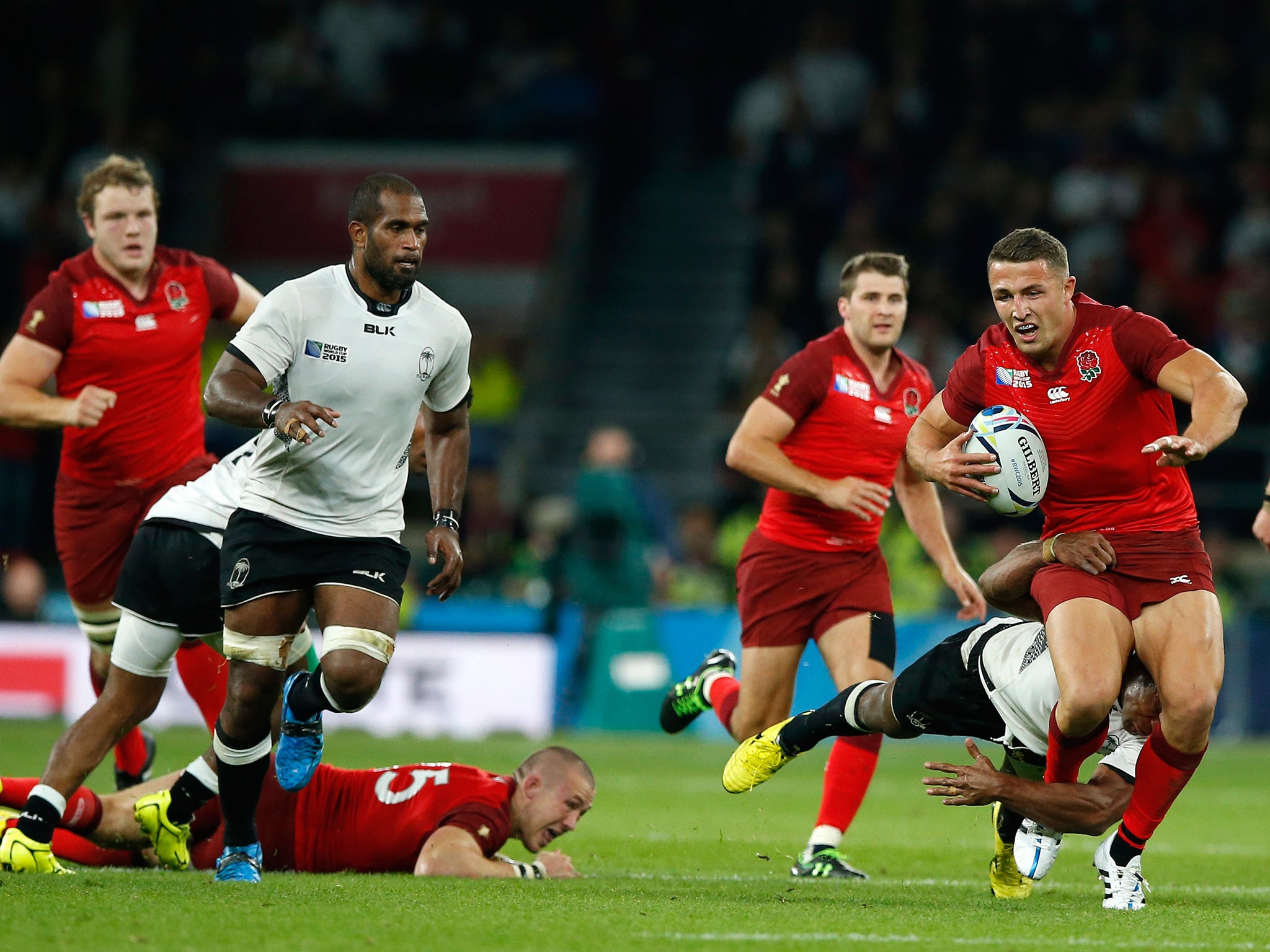 Burgess on the charge for England against Fiji in the World Cup