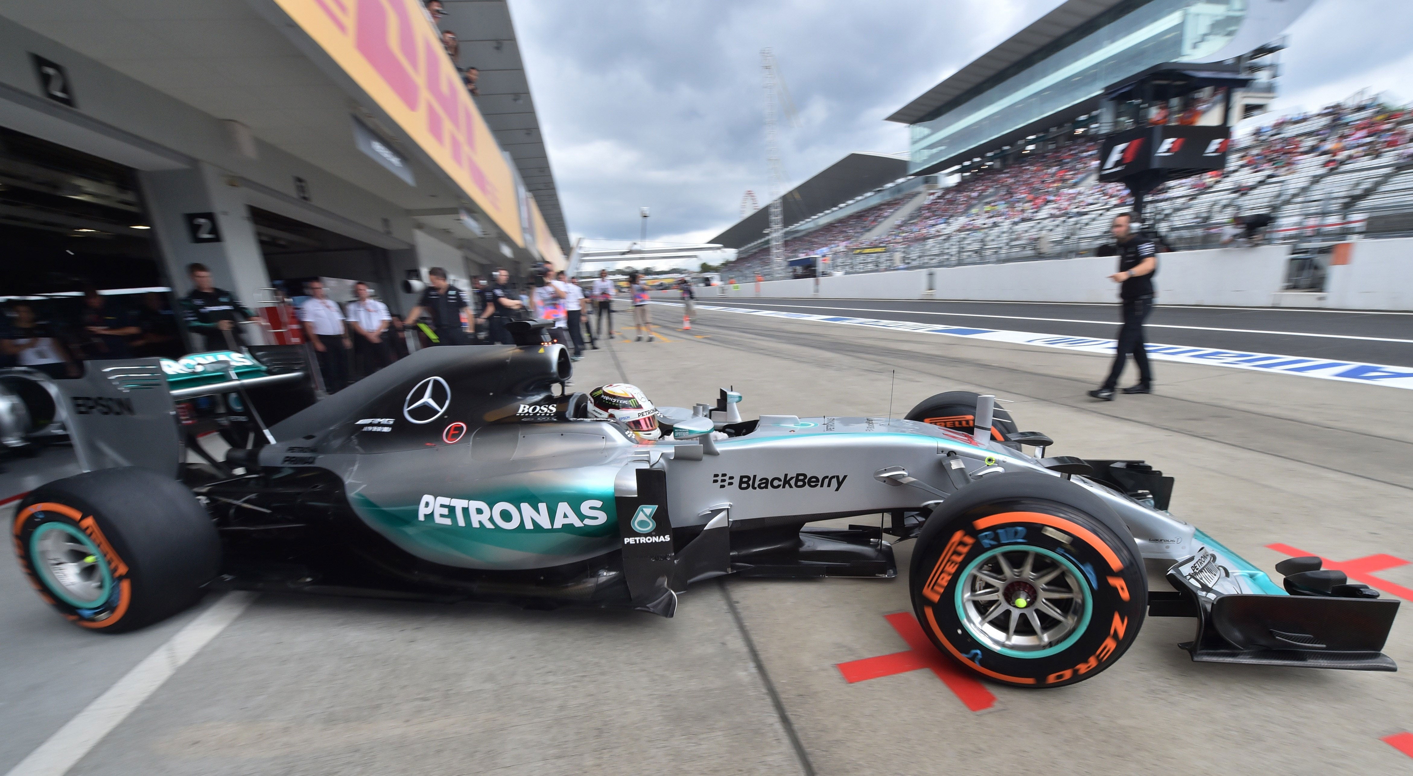 Mercedes driver Lewis Hamilton in the pits during the third practice session of the Formula One Japanese Grand Prix