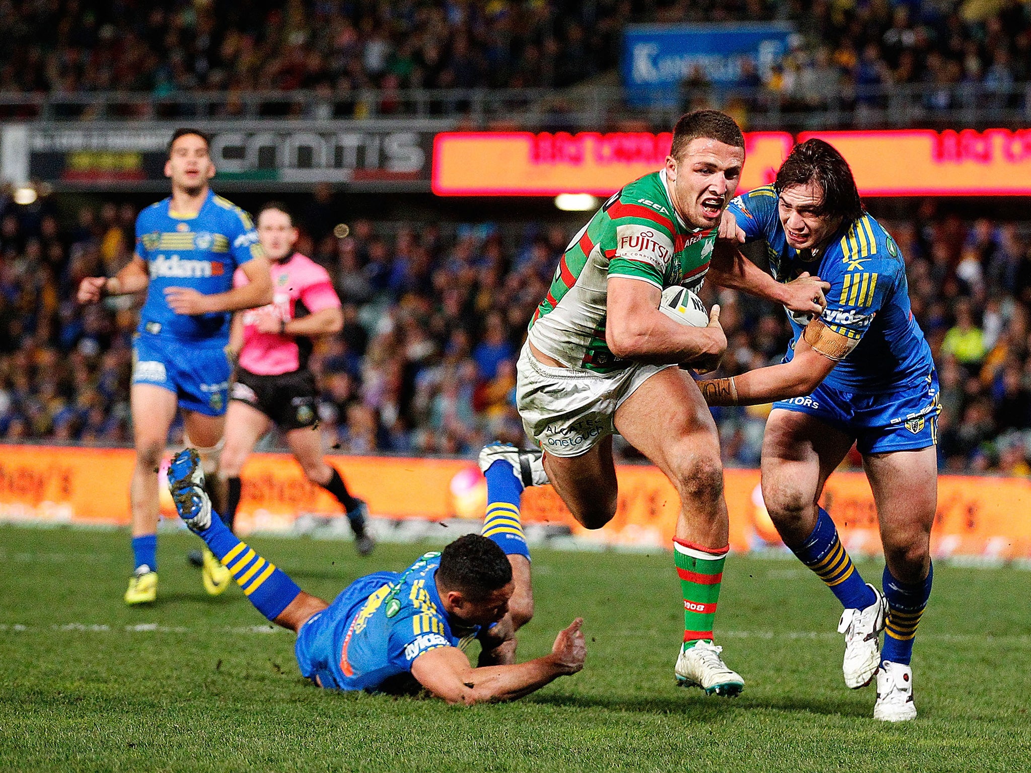 Sam Burgess in NRL action for South Sydney Rabbitohs last year
