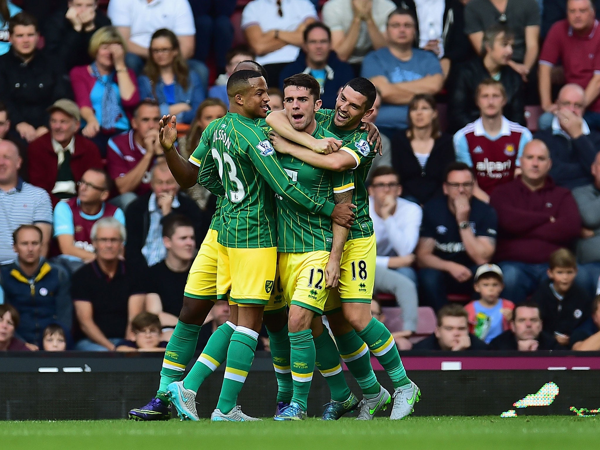 Robbie Brady celebrates scoring for Norwich