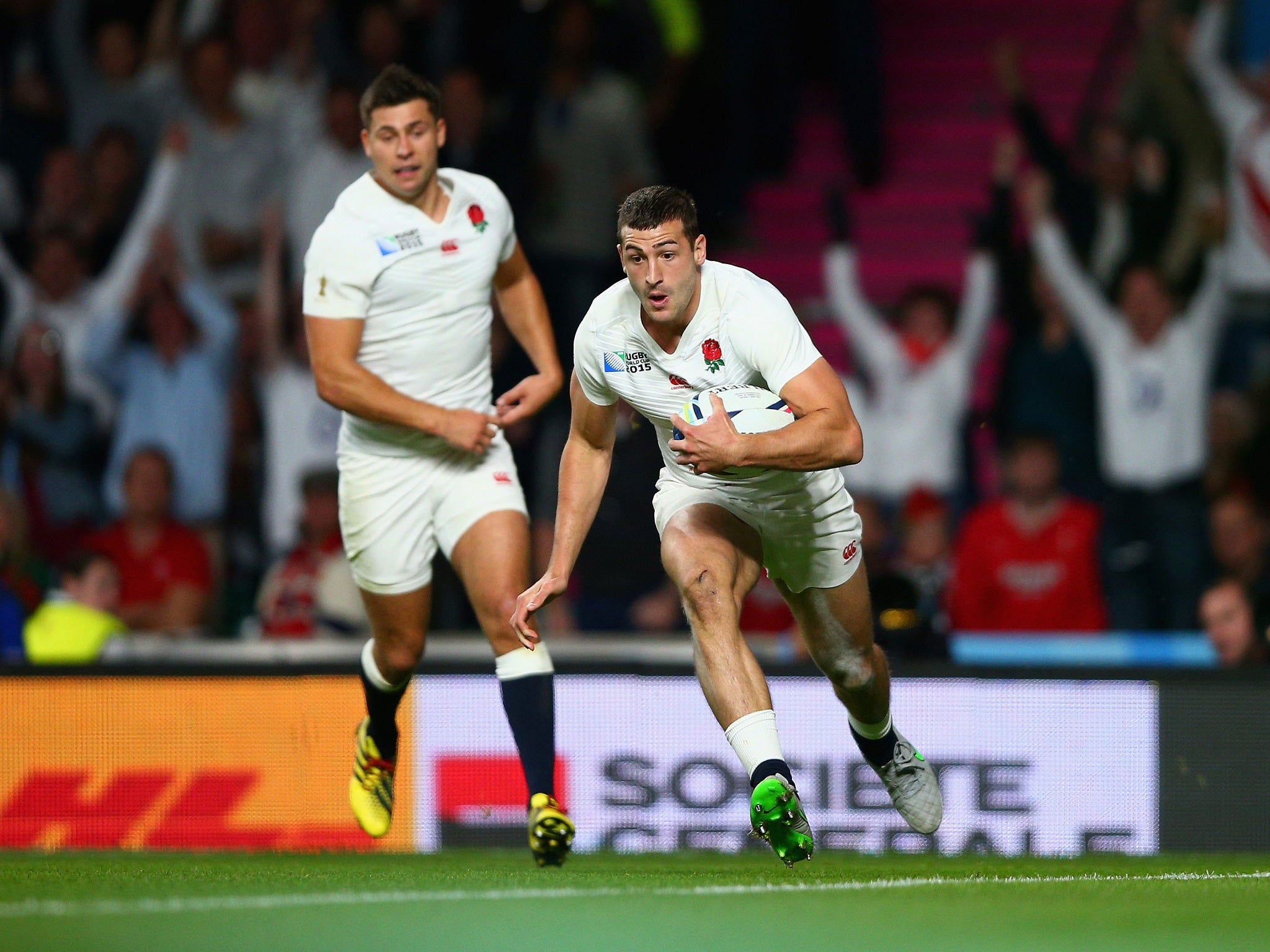 Jonny May scores a try for England