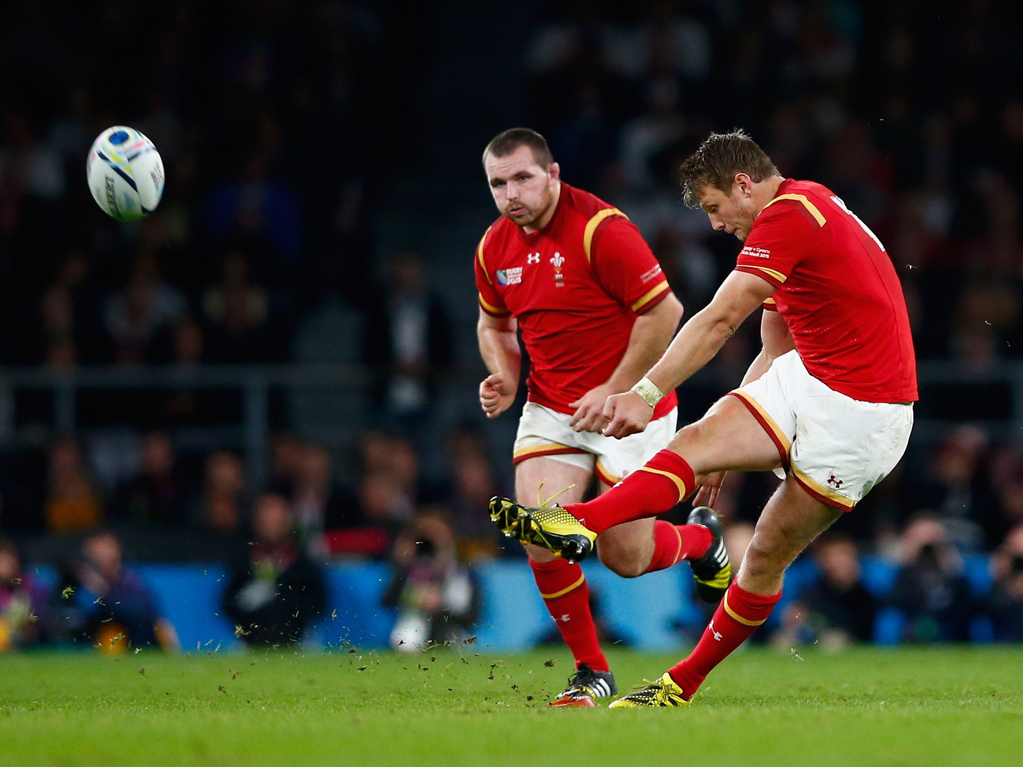 Dan Biggar kicks the winning penalty for Wales ahead of their 28-25 victory over England at Twickenham