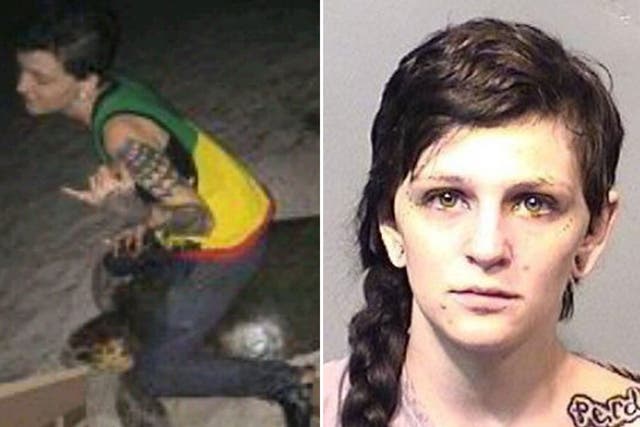 A Snapchat image of a woman sitting on a sea turtle and Stephanie Marie Moore, who has been arrested for the act