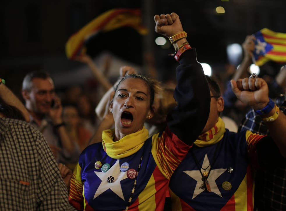 Catalonian independence supporters celebrate big gains in Spain’s regional elections yesterday. The election result could propel Catalonia toward independence from the rest of Spain as soon as 2017