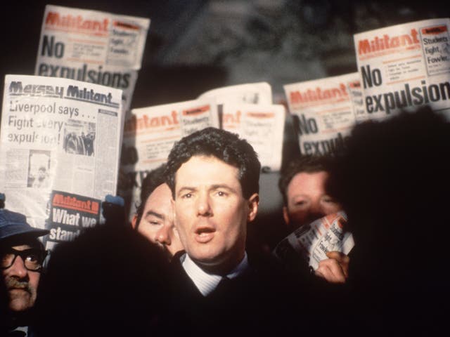 Then Labour MP Derek Hatton demonstrating outside the party headquarters in November 1987 against the expulsion of members of the Trotskyist group, Militant