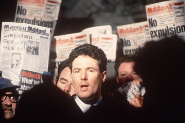 Then Labour MP Derek Hatton demonstrating outside the party headquarters in November 1987 against the expulsion of members of the Trotskyist group, Militant