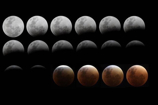 A combination of eighteen pictures shows the phases of the moon