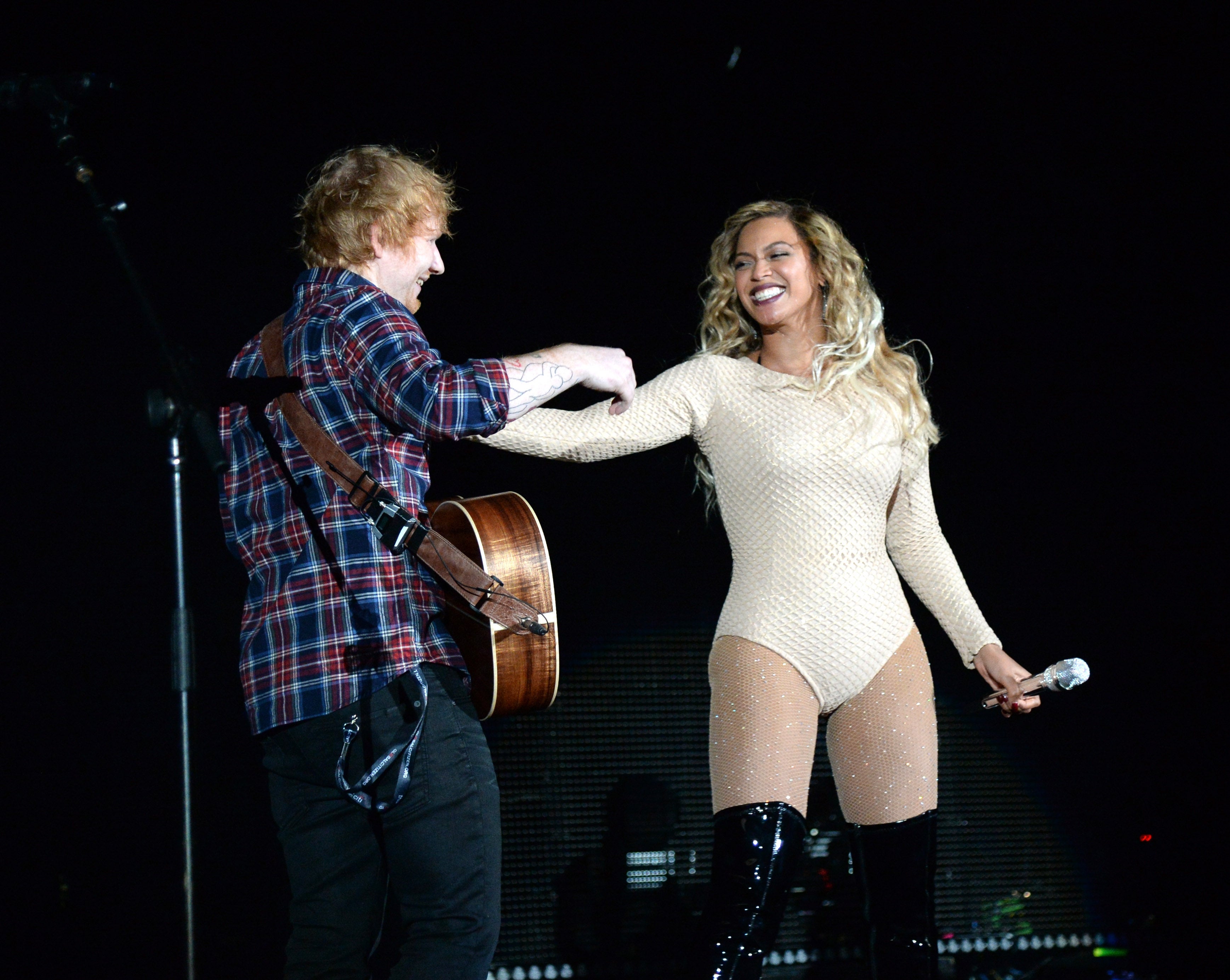 Ed Sheeran and Beyonce perform onstage during 2015 Global Citizen Festival