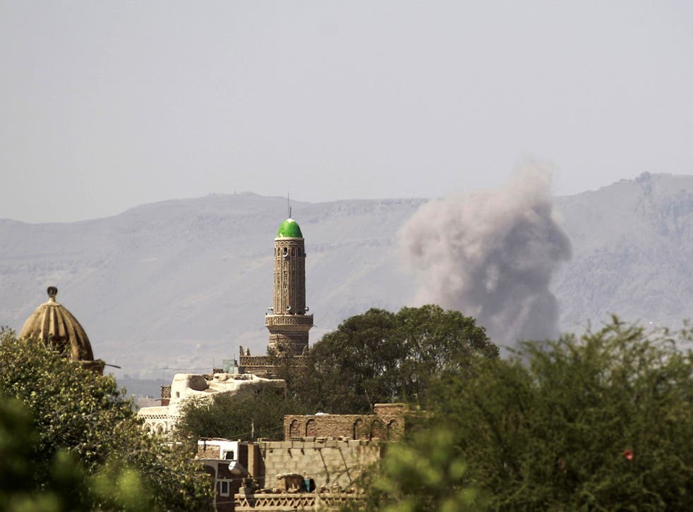 An air-strike by the Saudi-led coalition targeting an arms depot in the capital Sanaa on September 23, 2015. President Abedrabbo Mansour Hadi flew in to war-ravaged Yemen's second city of Aden after six months in exile in Saudi Arabia