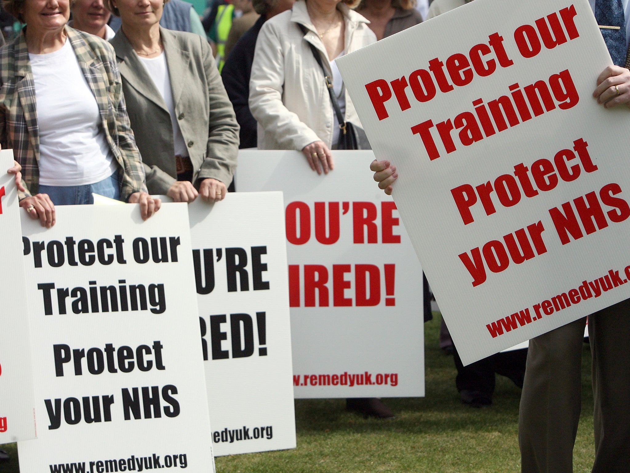Junior doctors rallying outside Westminster in 2007 over unreasonable conditions for their training in UK hospitals. There is now the threat of strike action being taken over significant pay cuts due to the proposed new contracts