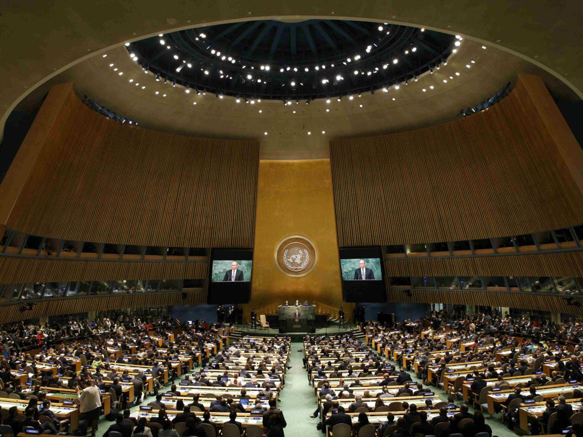 Vladimir Putin delivers his address to the UN General Assembly in New York on Monday; after that of Barack Obama