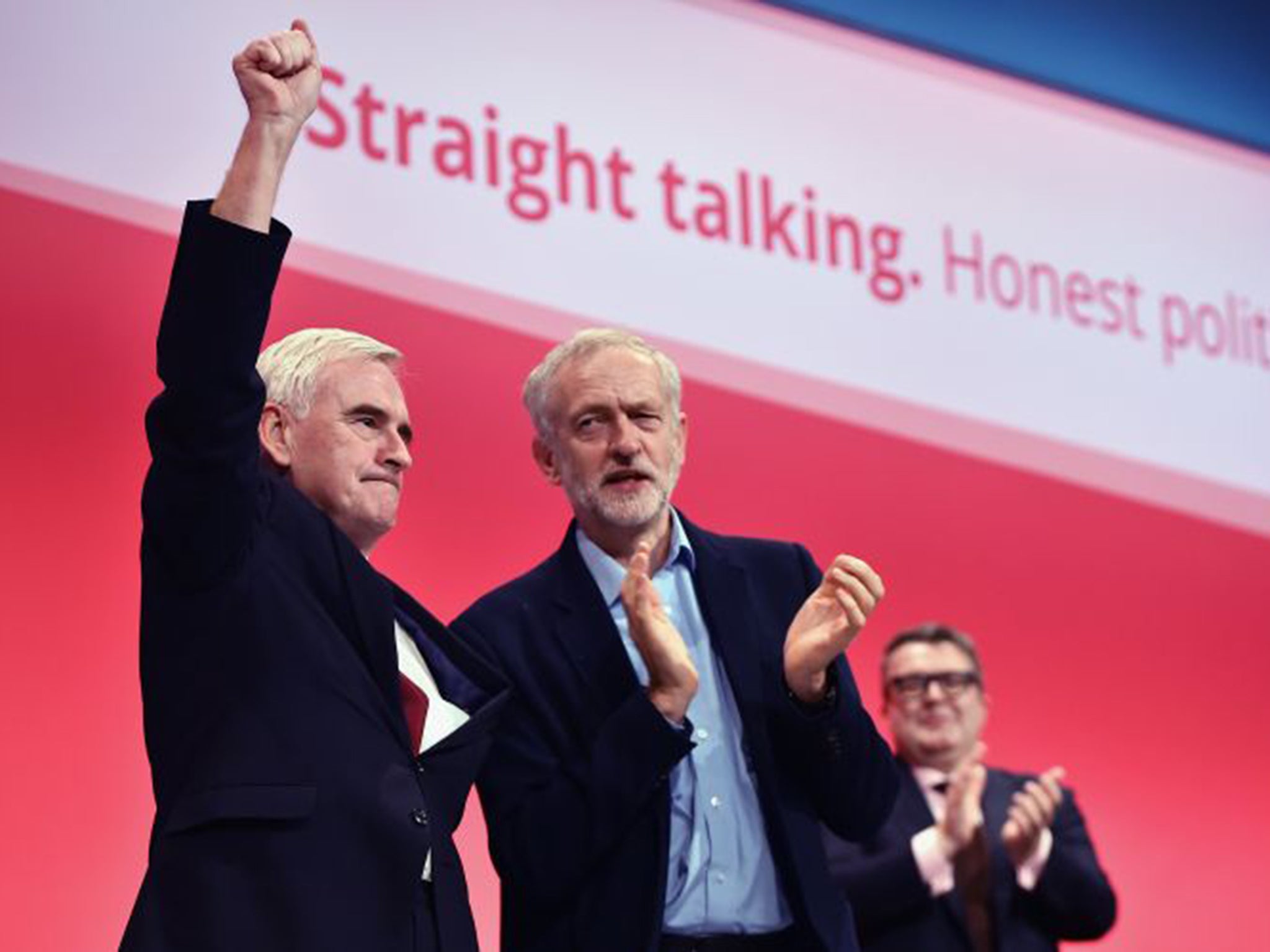 John McDonnell, the shadow Chancellor, with party leader Jeremy Corbyn, after his speech to the Labour conference on Monday