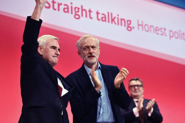 John McDonnell, the shadow Chancellor, with party leader Jeremy Corbyn, after his speech to the Labour  conference on Monday