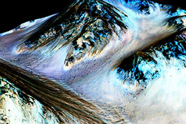 The dark narrow streaks on the slopes are believed to be formed by seasonal water flow on Mars