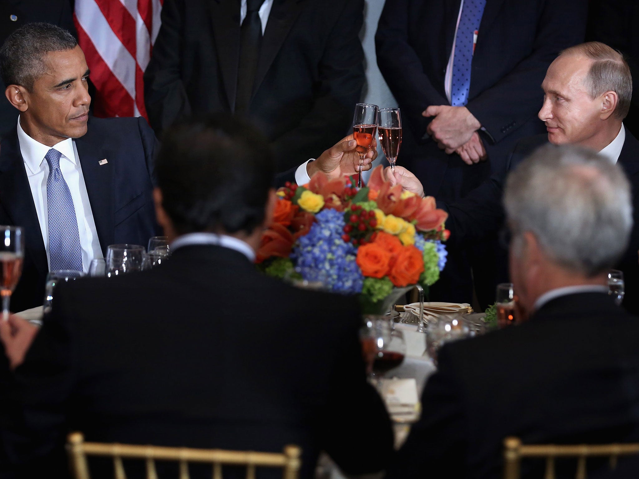 President Obama and President Putin share a toast after the UN General Assembly.