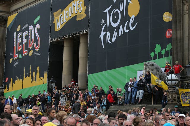 Fans gather at the start of stage one for Le Grand Depart of the 2014 Le Tour de France from Leeds to Harrogate