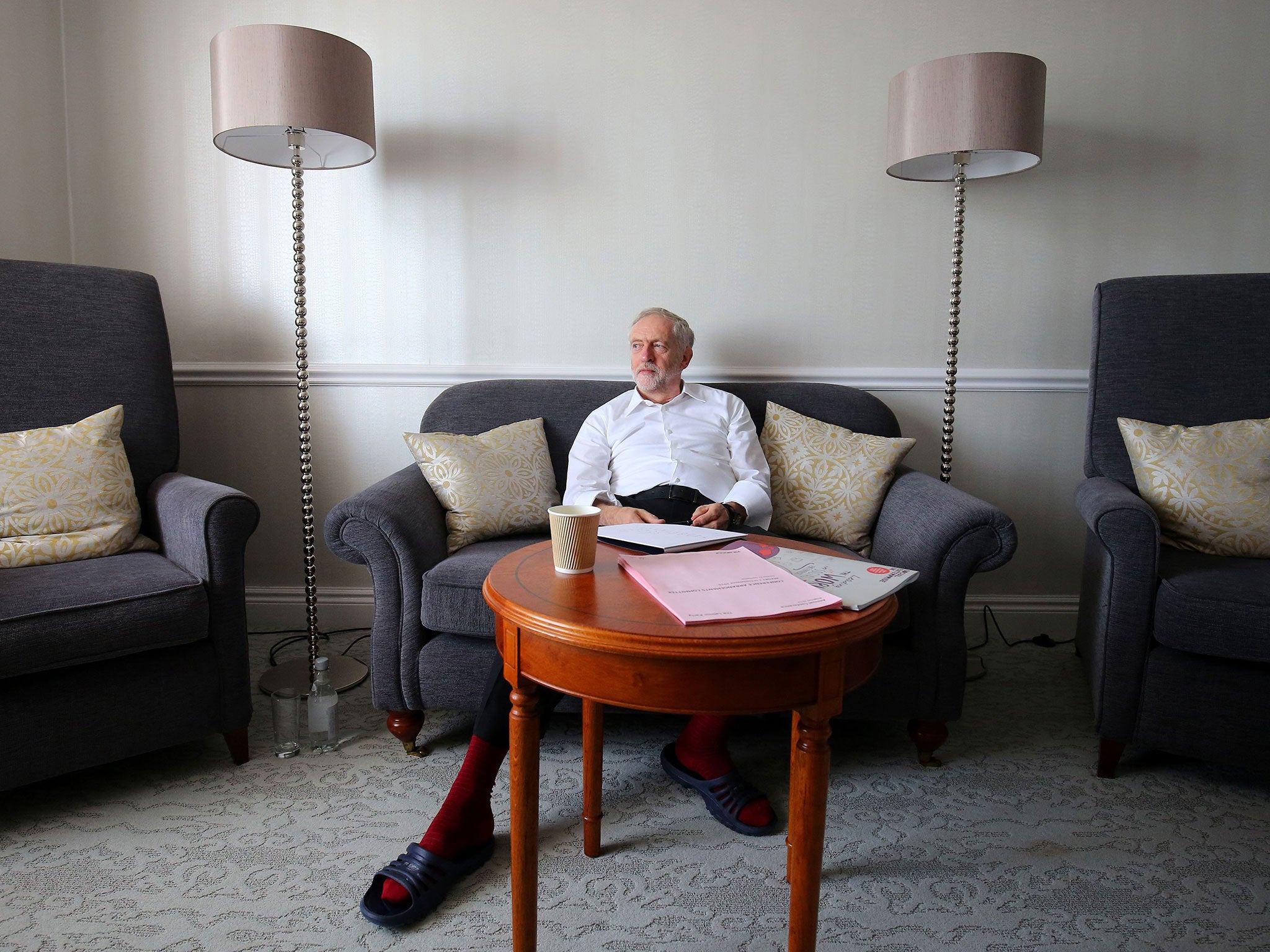 Labour Party Leader Jeremy Corbyn prepares for his first leader's speech in his hotel room in Brighton