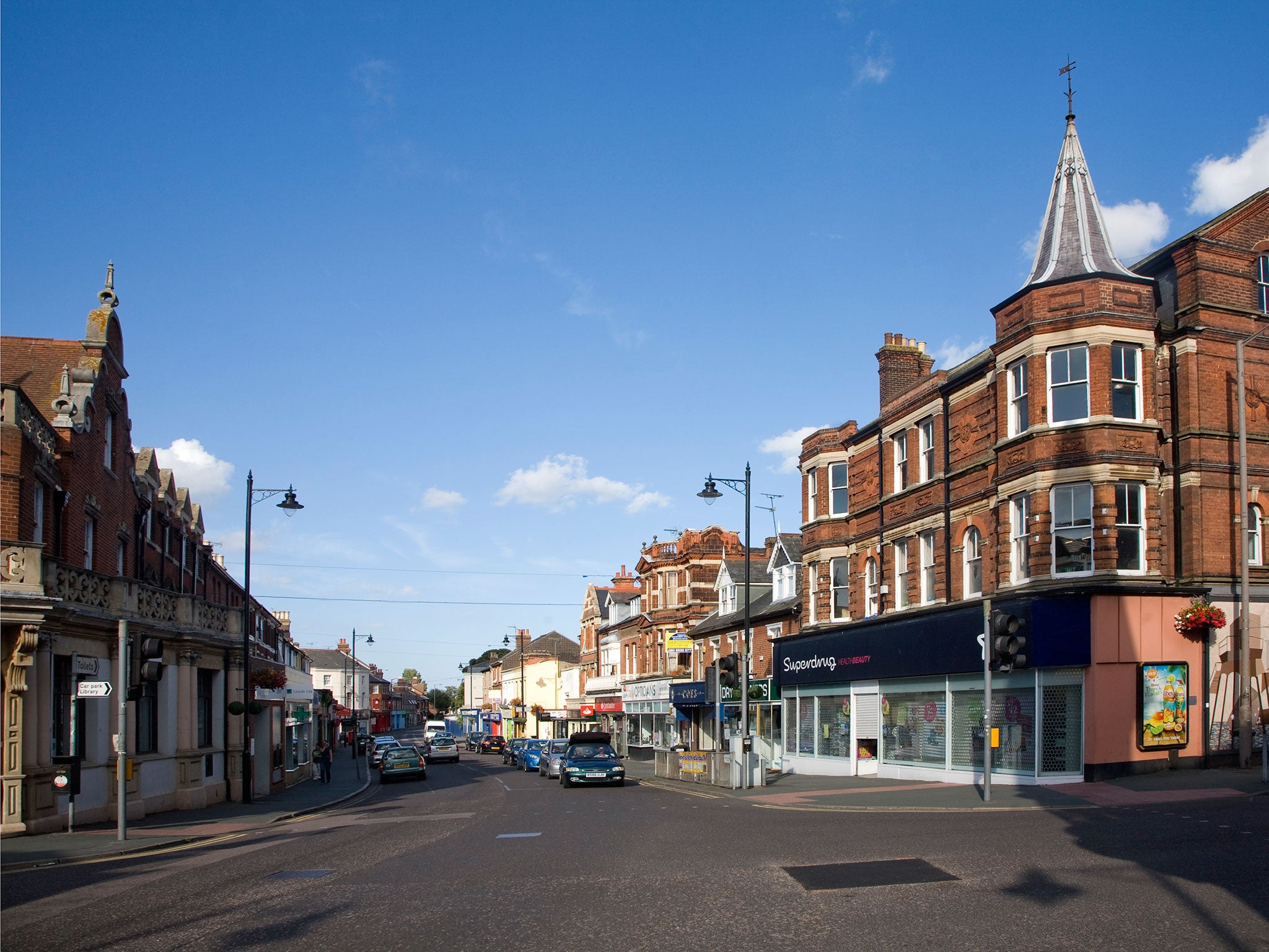 High Street shops in the town center of Dovercourt, Harwich, Essex, England.