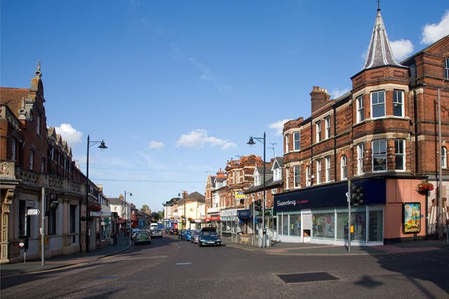 High Street shops in the town center of Dovercourt, Harwich, Essex, England.