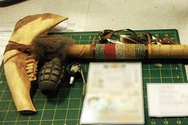 A jawbone tomahawk and an inert pineapple grenade were found in a carry-on bag at an airport in Las Vegas
