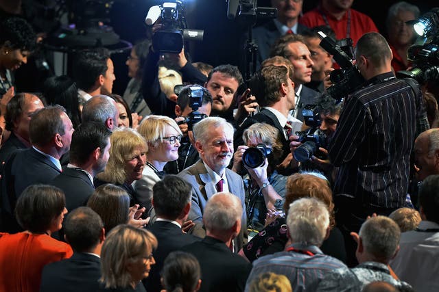 Jeremy Corbyn receives applause following his first leadership speech on September 29, 2015 in Brighton, England.