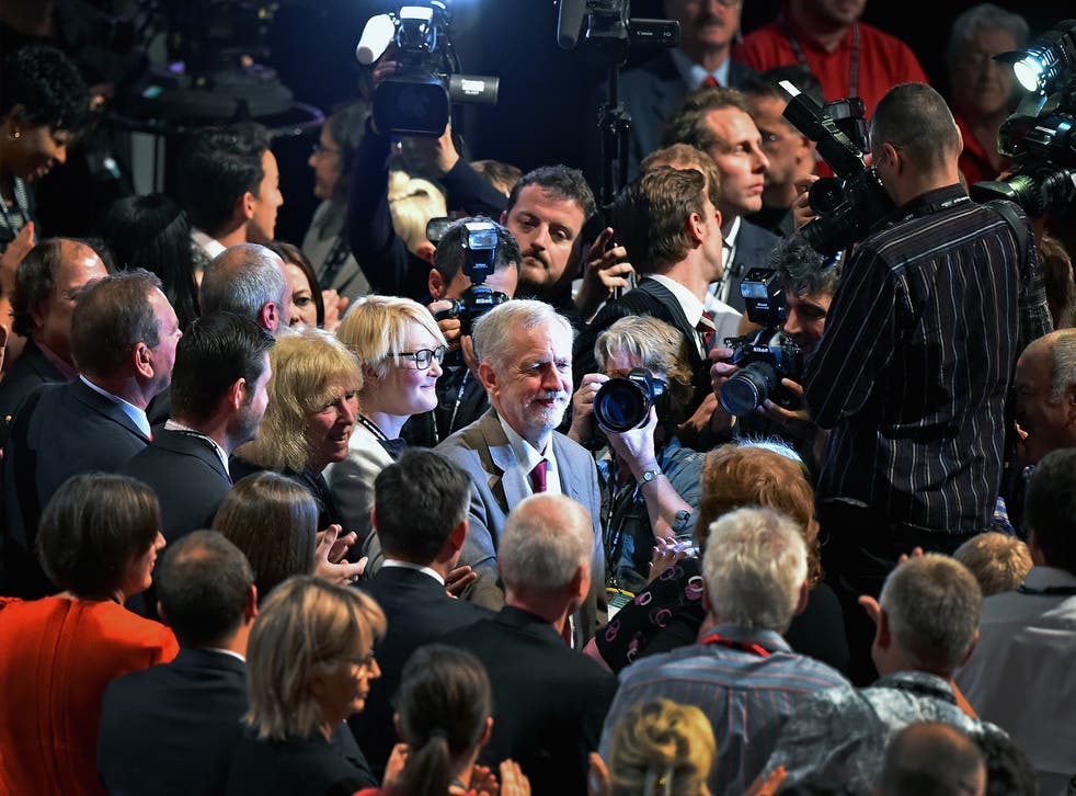 Jeremy Corbyn receives applause following his first leadership speech on September 29, 2015 in Brighton, England.
