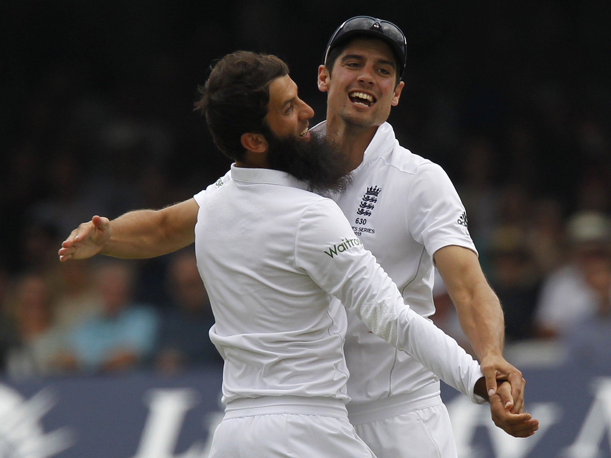 Cook and Moeen celebrate a wicket during the recent Ashes series