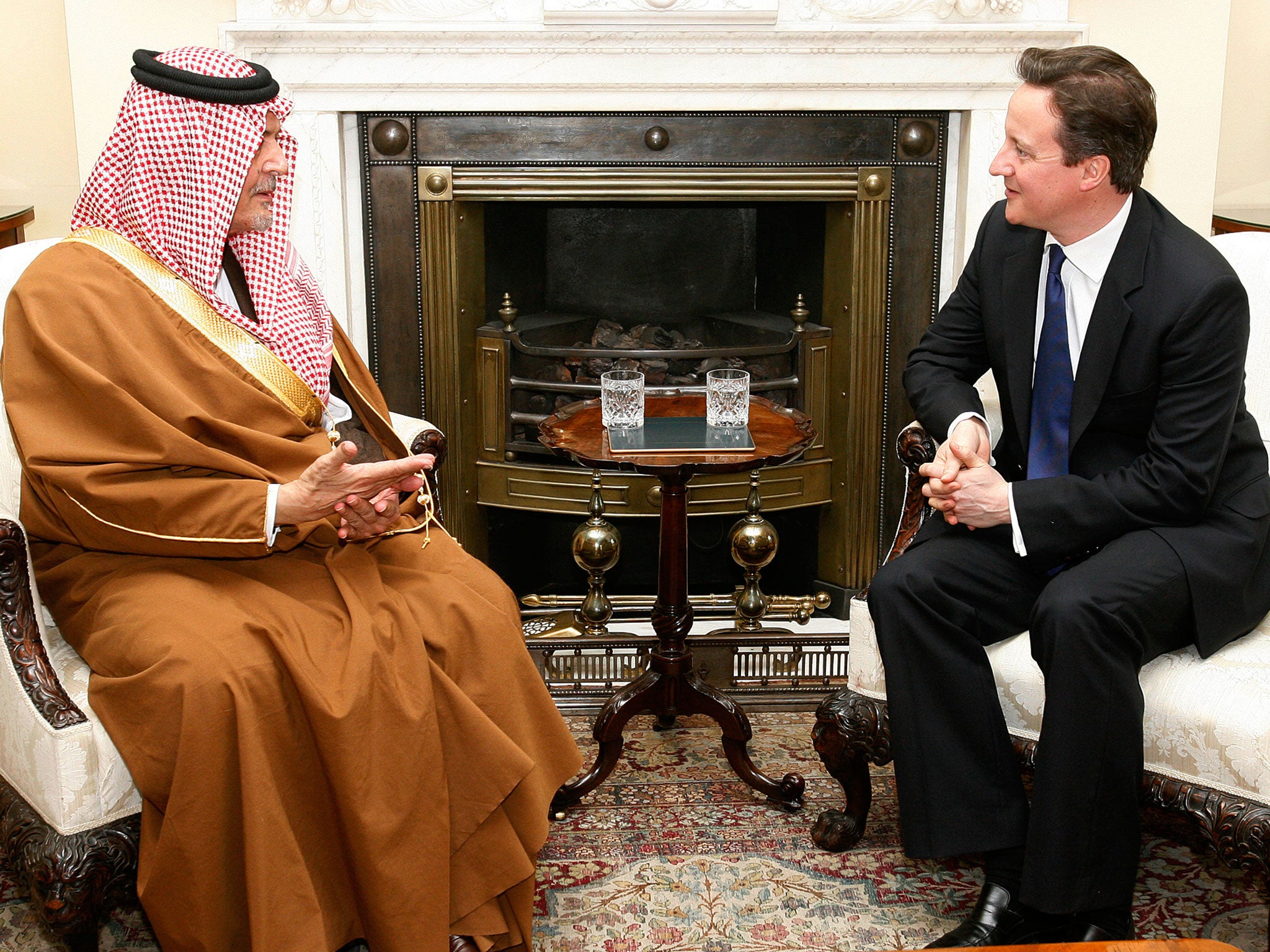 David Cameron meets with Saudi Arabia's Foreign Minister Prince Saud al-Faisal inside 10 Downing Street in London, on March 22, 2011.