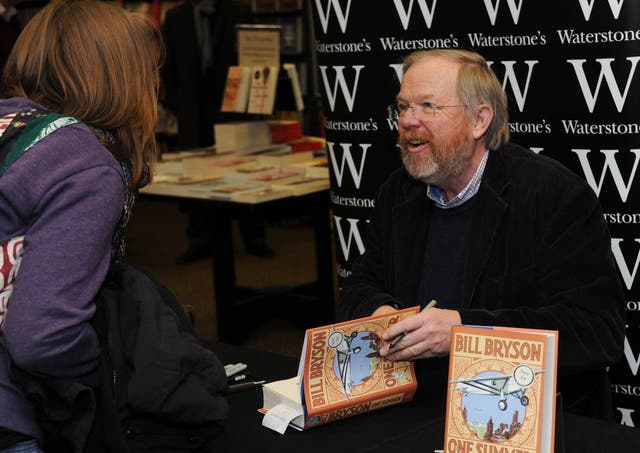Bill Bryson meets fans and signs copies of his book 'One Summer: America 1927' at Waterstones in London, England