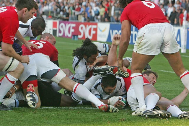Fiji prop Graham Dewes bustles over for the match-winning try against Wales with four minutes left in Nantes in 2007 after the Welsh had come back from a 25-3 deficit to take the lead