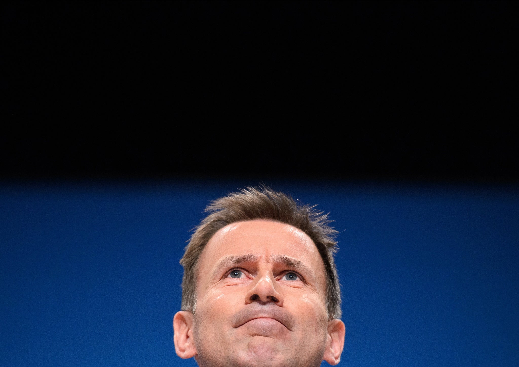 British Health Secretary Jeremy Hunt addresses delegates at the Conservative Party conference in Birmingham in 2014.