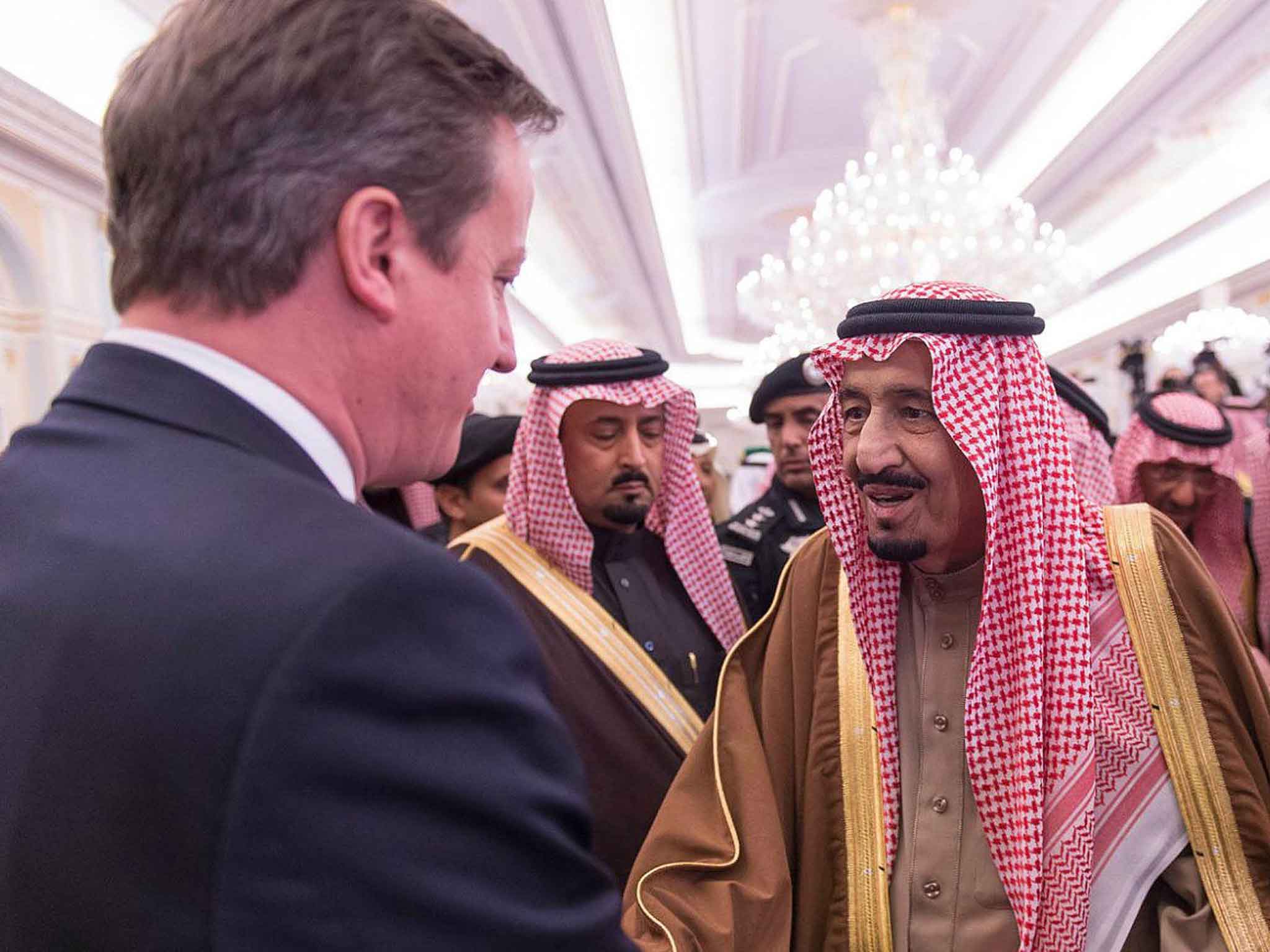 David Cameron greets Saudi Arabia’s King Salman in Riyadh in January