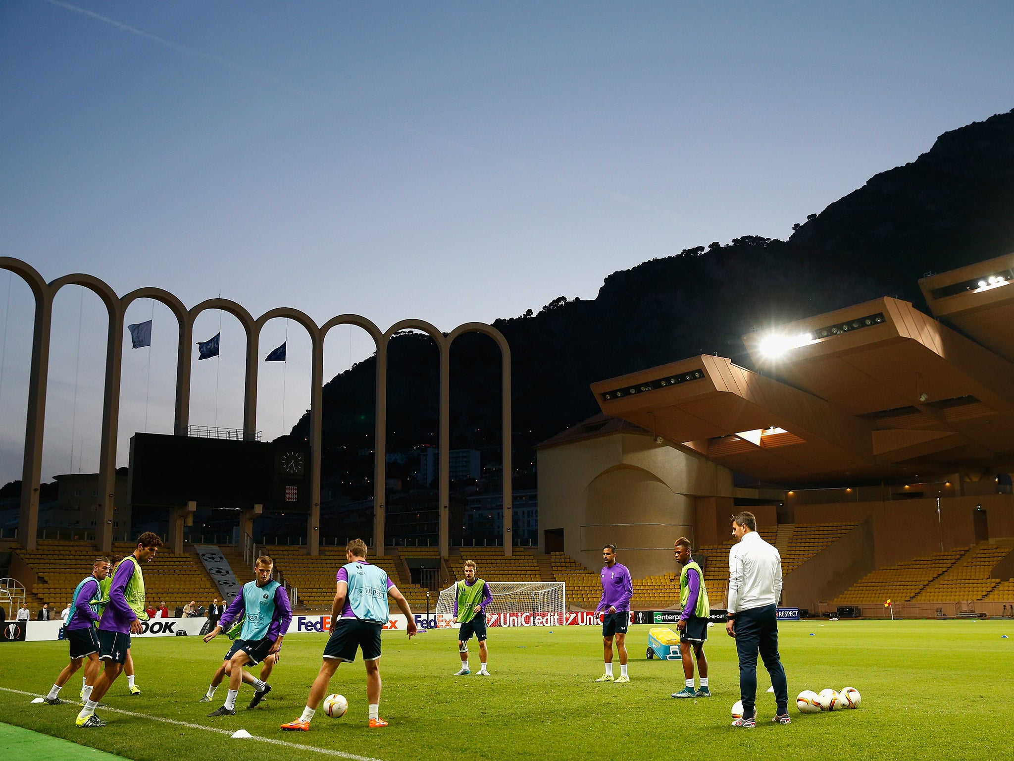 Pre-match training in the Stade Louis II, Monaco's iconic stadium