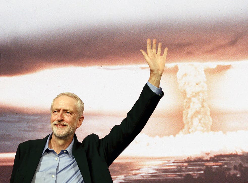 Jeremy Corbyn waves as a nuclear holocaust unfolds behind him