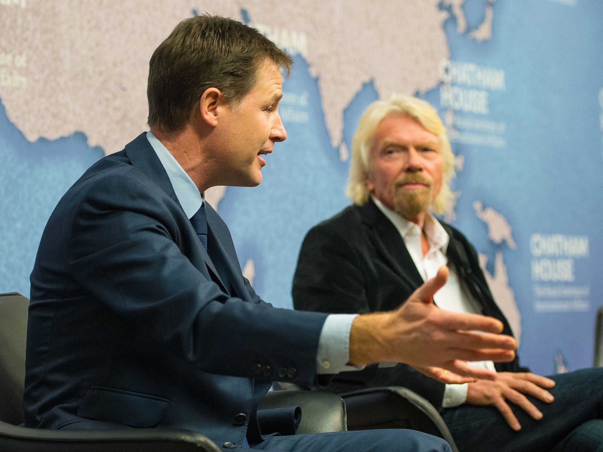 Nick Clegg, left, with Sir Richard Branson at a debate in London this March on the international response to the drugs trade