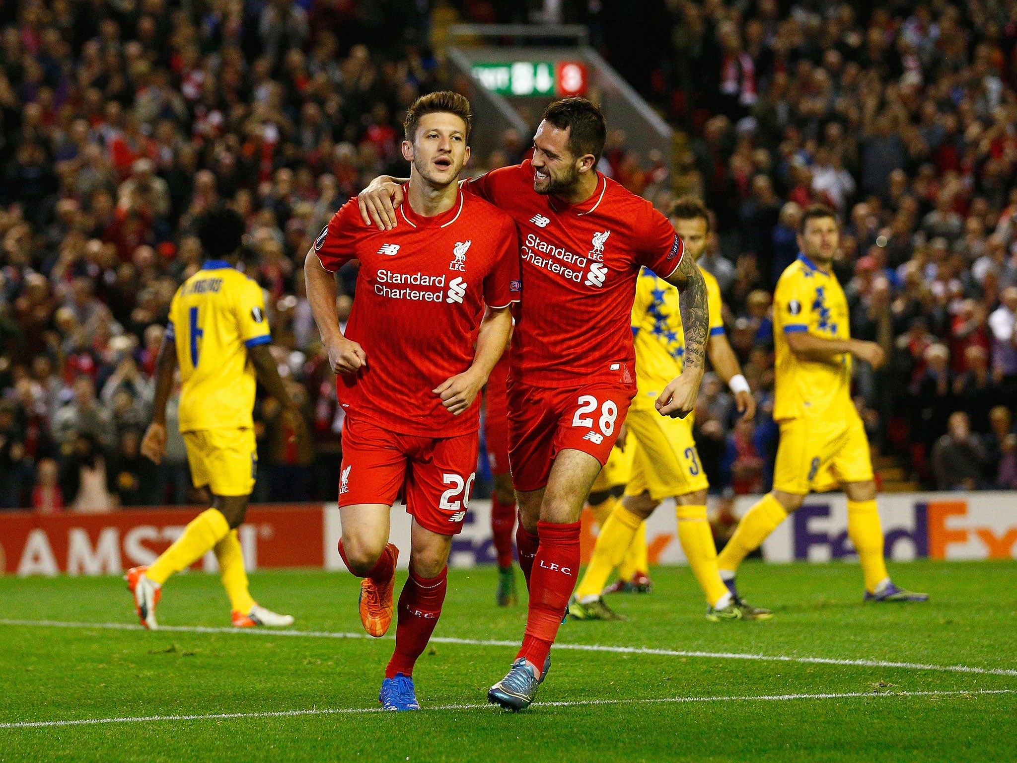 Adam Lallana celebrates giving Liverpool the lead against FC Sion