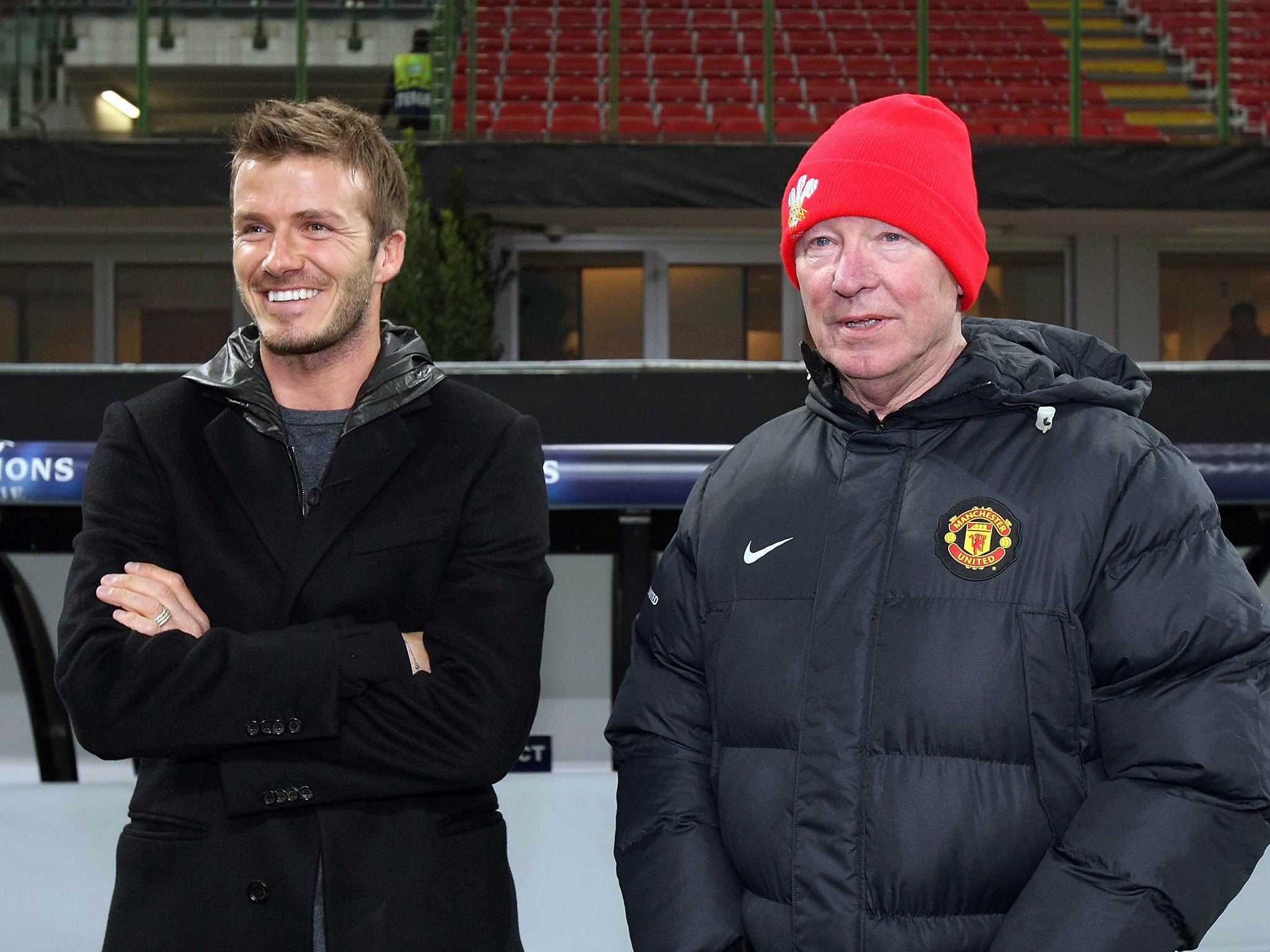 Sir Alex Ferguson and David Beckham meet ahead of Manchester United's Champions League clash with Inter Milan in 2009