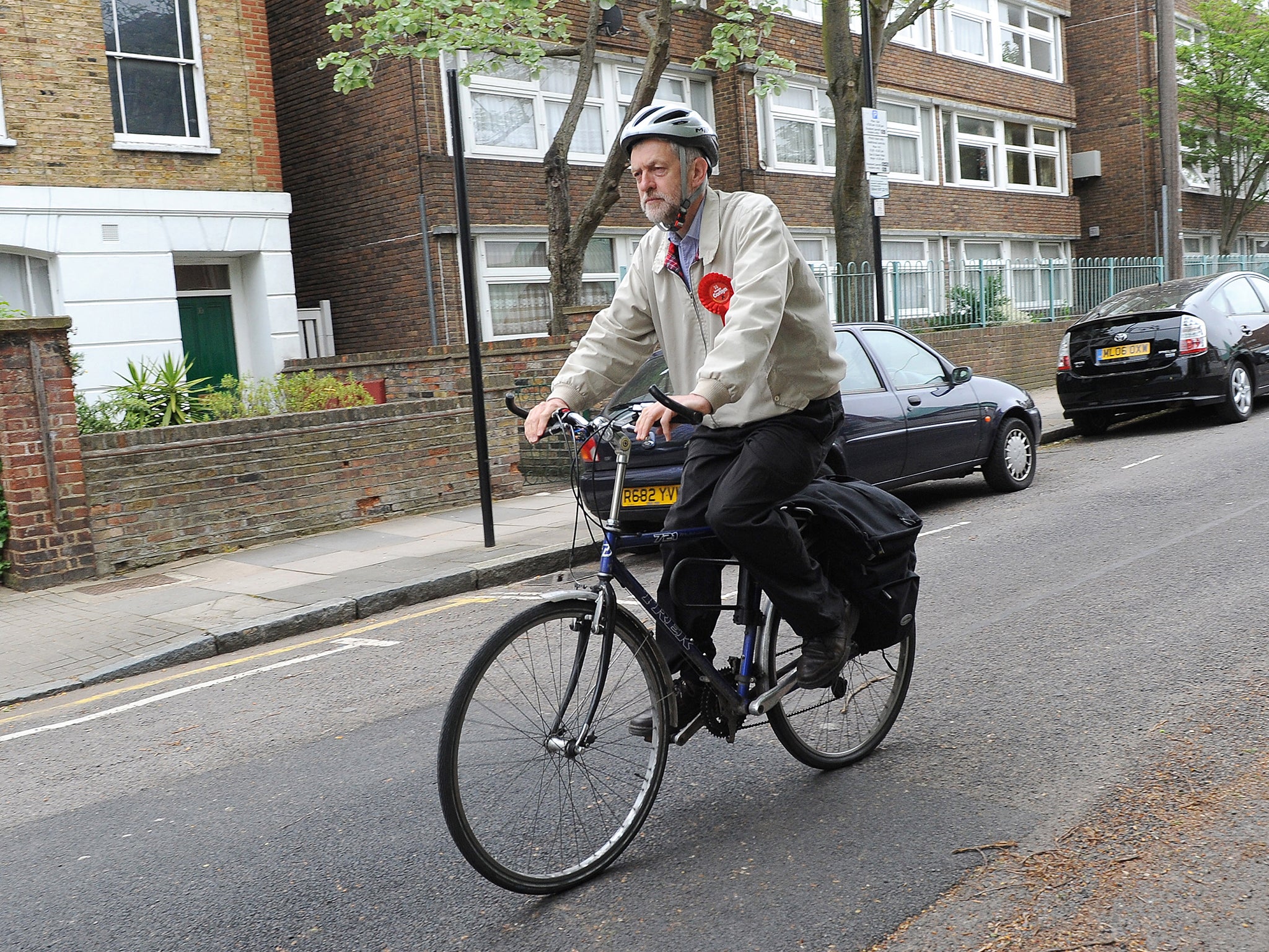 Jeremy Corbyn rides his current bike in London while out campaigning