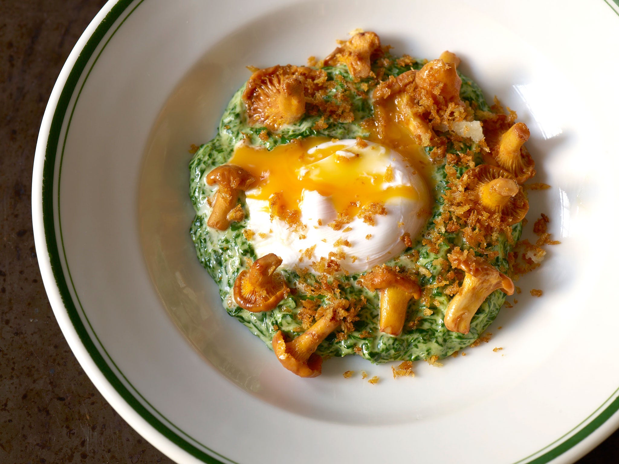 Poached duck egg with creamed spinach and wild mushrooms