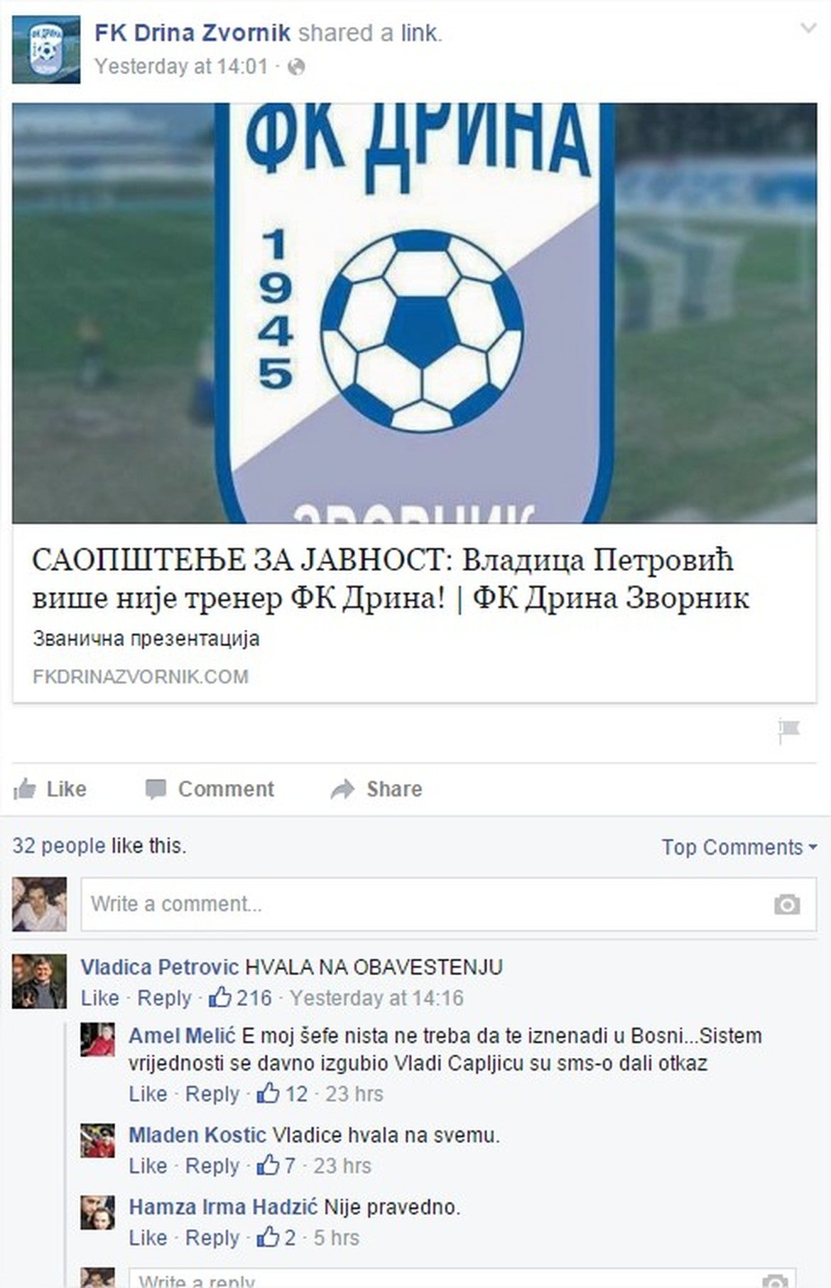 FK Drina Zvornik's Facebook post confirming the termination of Petrovic's contract