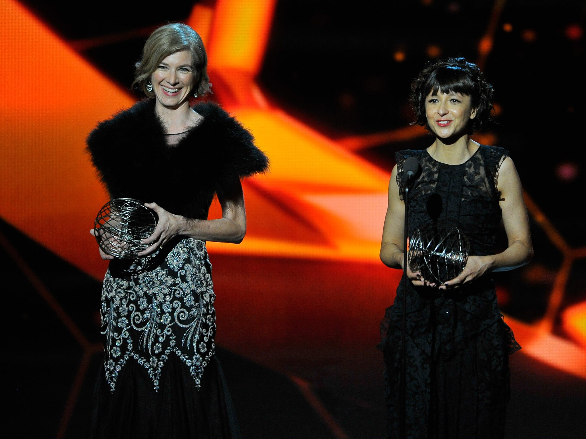 University of California, Berkeley Professor of Chemistry Jennifer A. Doudna and Ulmea University Professor and Microbologist Emmanuelle Charpentier (R) speak onstage during the Breakthrough Prize Awards Ceremony