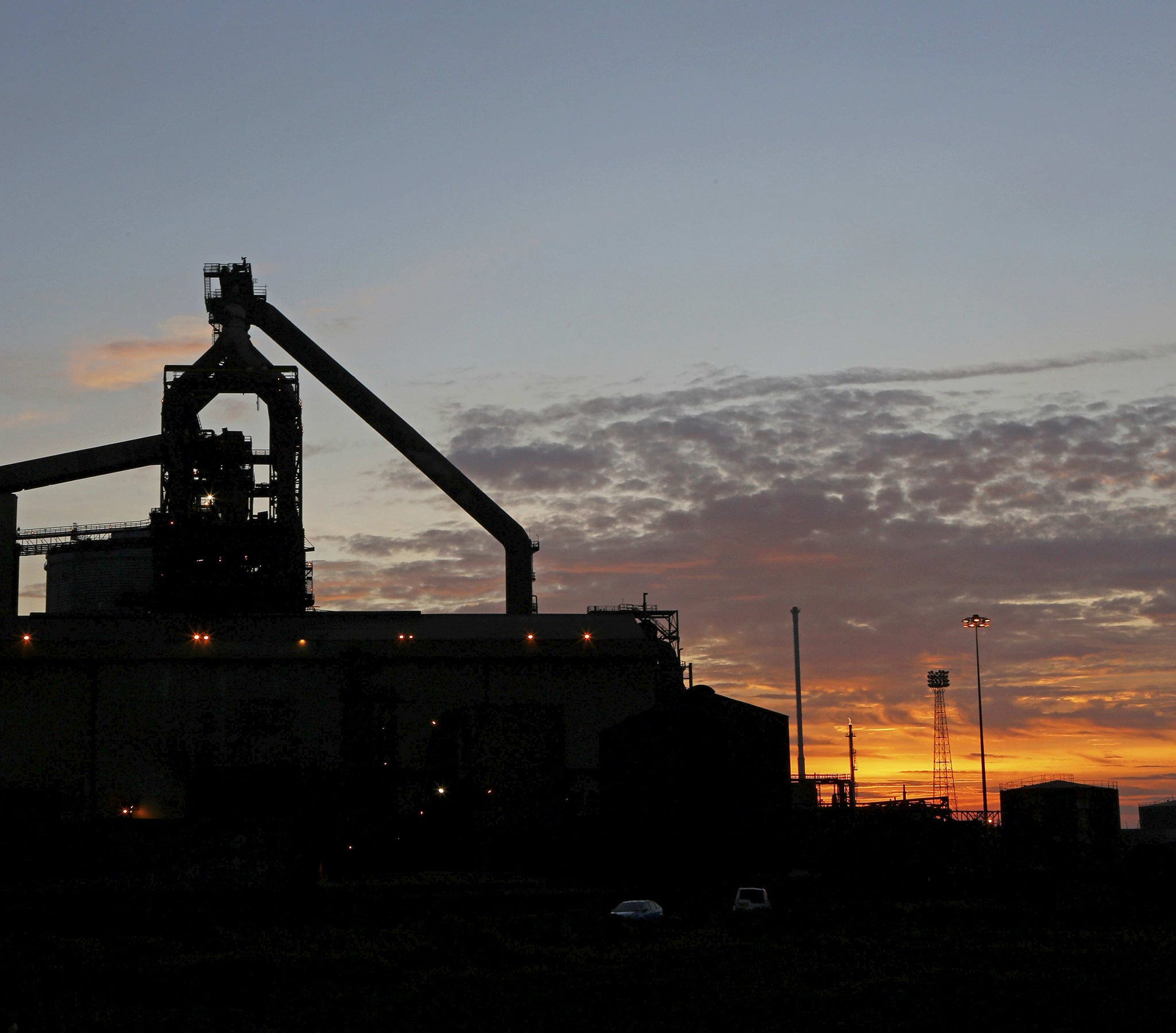 The sun sets behind the SSI steelworks in Redcar