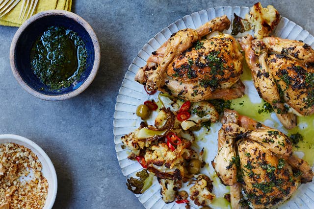 Harissa-roasted poussins with cauliflower, olives and crispy breadcrumbs