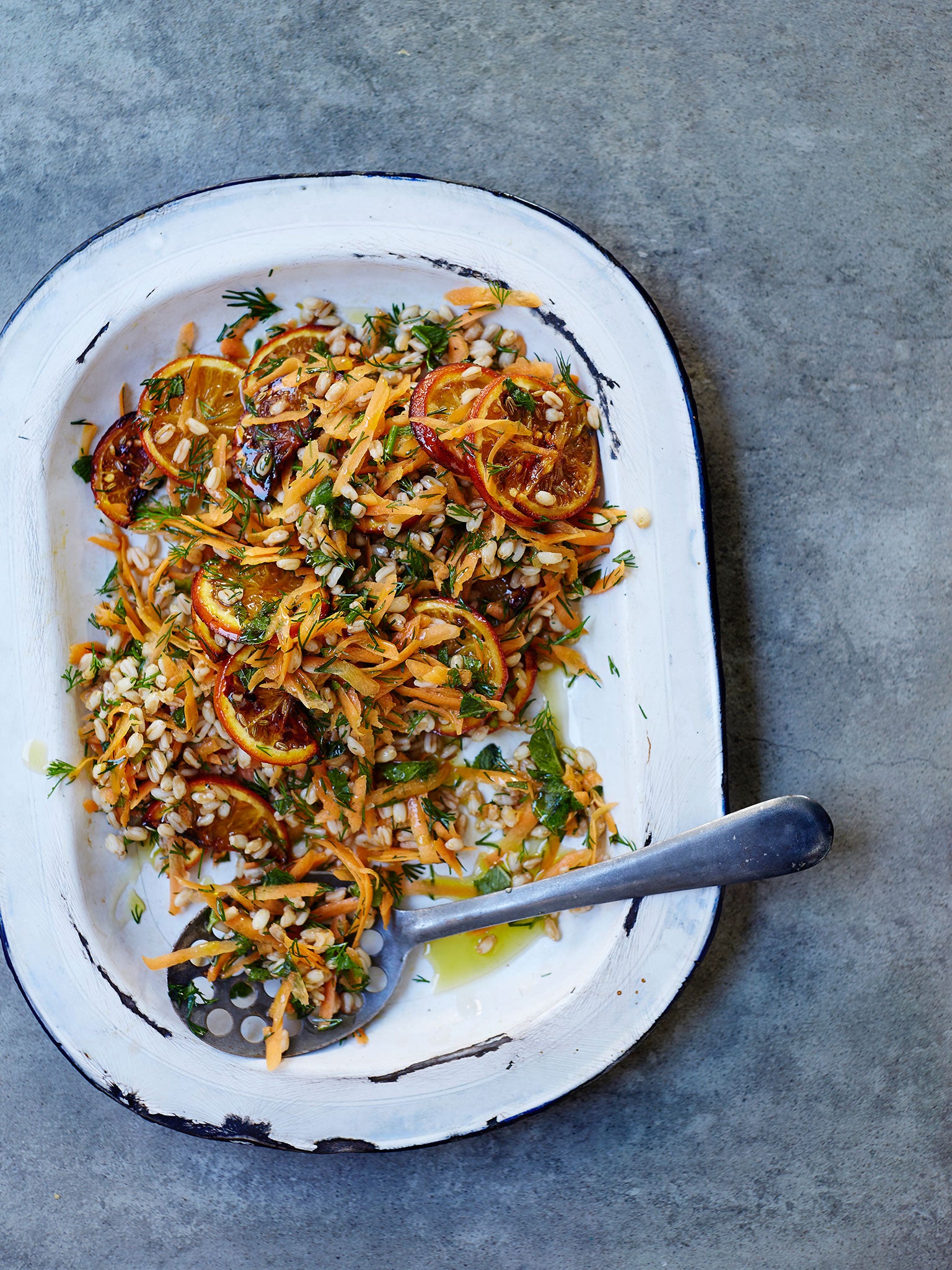 Spelt with roasted spiced oranges, carrot and herbs