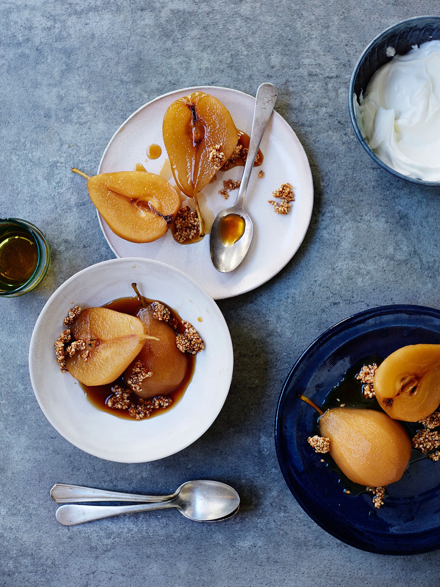 Earl Grey-poached pears with yoghurt and honeyed sesame seeds