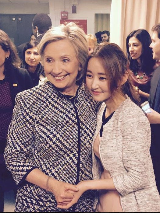Yeonmi Parks with Hillary Clinton at Women in the World Summit 2015 Yeonmi Park/ Facebook