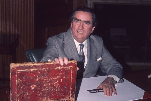 Denis Healey opening the budget box at his Treasury office in London, in 1977 during his time as Chancellor.