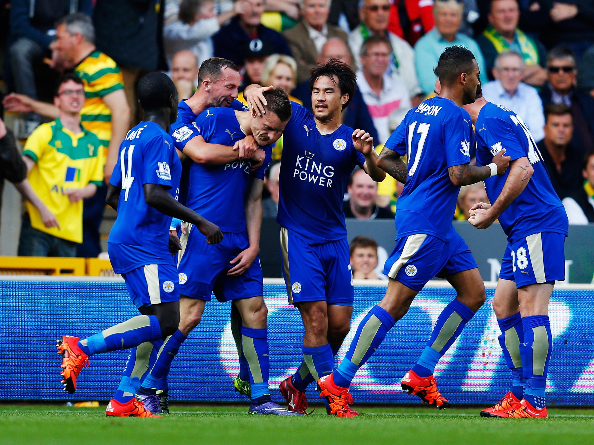 Jamie Vardy is congratulated by teammates after his opening strike