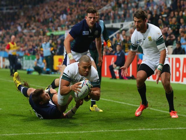 Bryan Habana scores for South Africa against Scotland