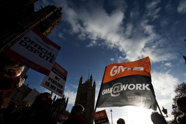 GMB trade union members demonstrate supporting a public sector strike over pensions